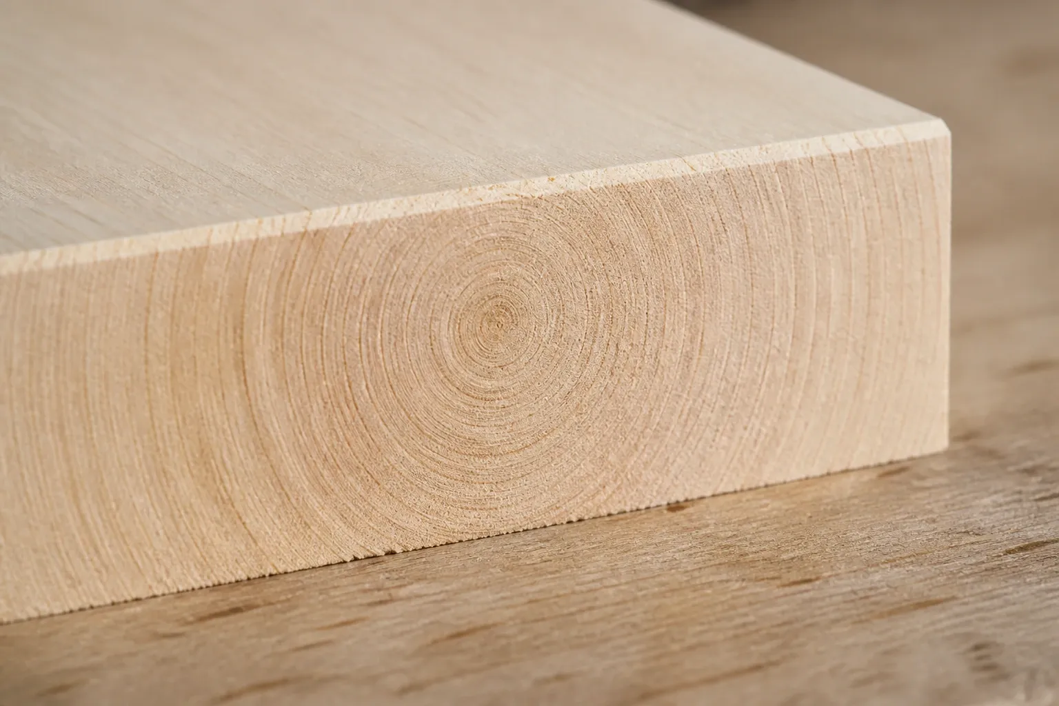 Close-up view of basswood shutter material end grain