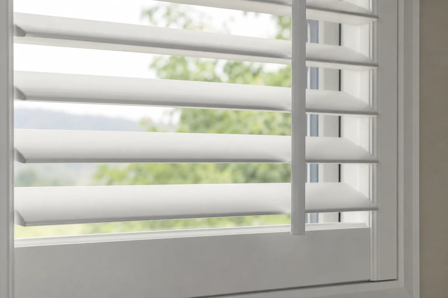 Close-up view of white PVC shutter louvers