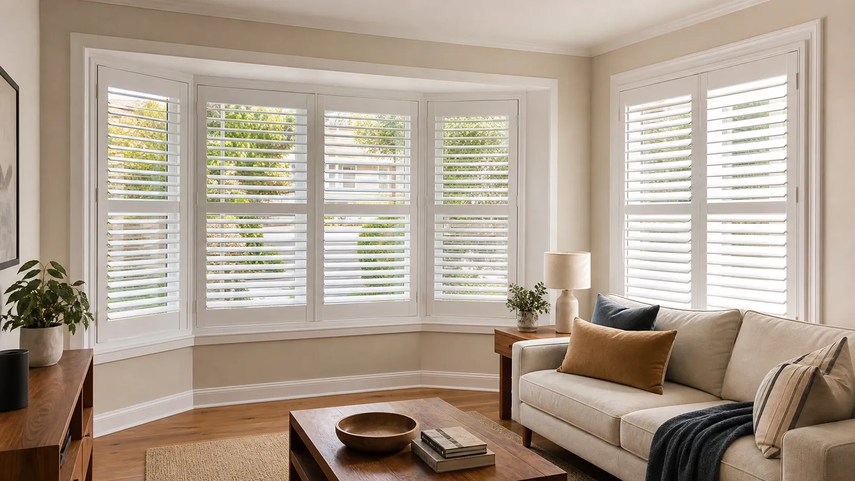 Bay window shutters installed in a bright residential interior