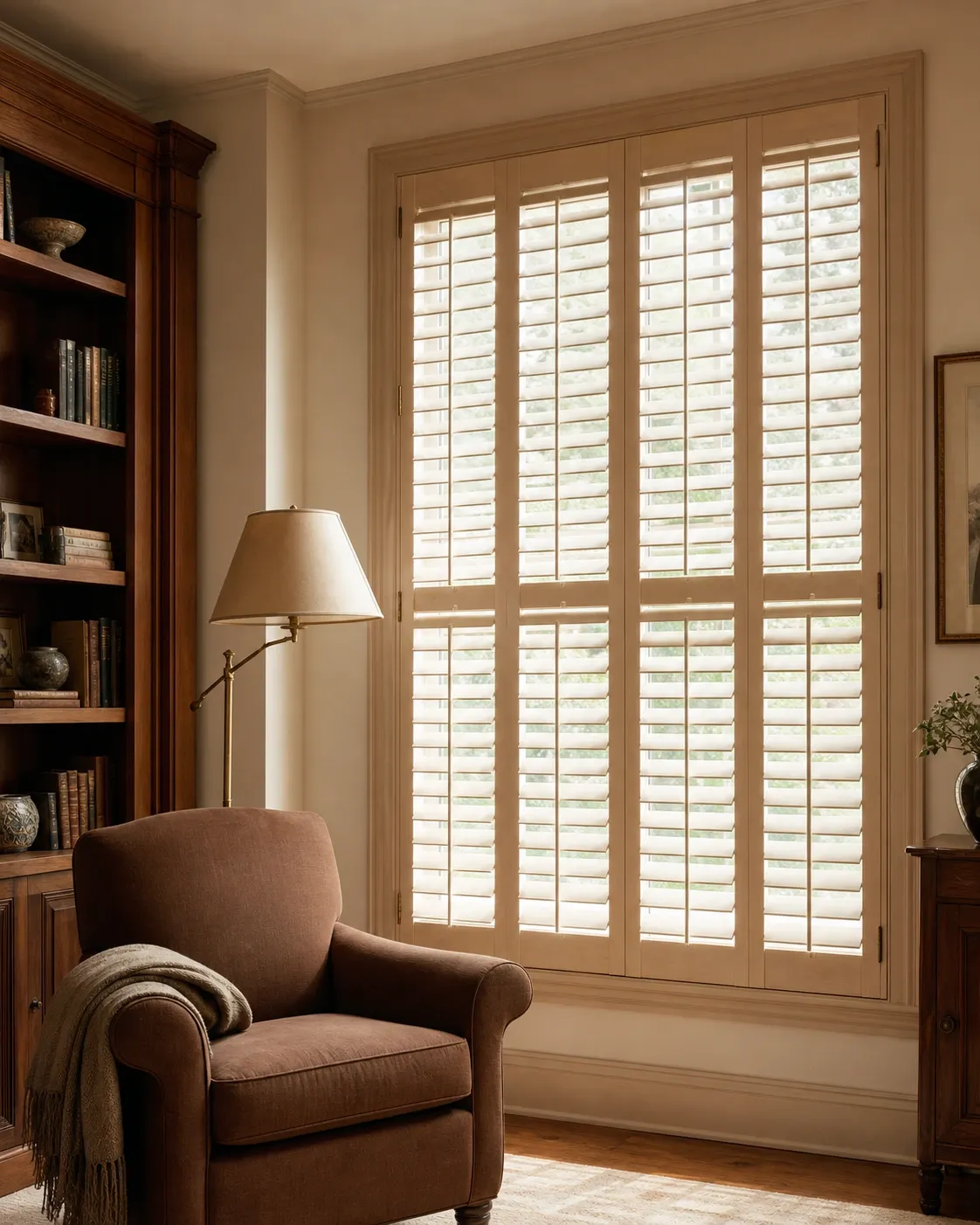 Basswood plantation shutters in a warm reading room interior
