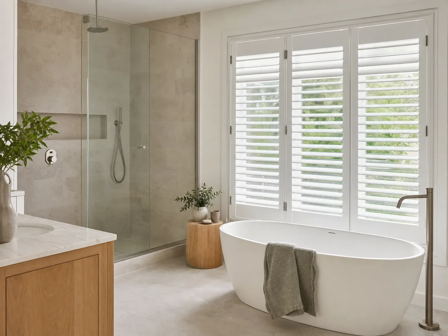 White PVC shutters installed in a bathroom