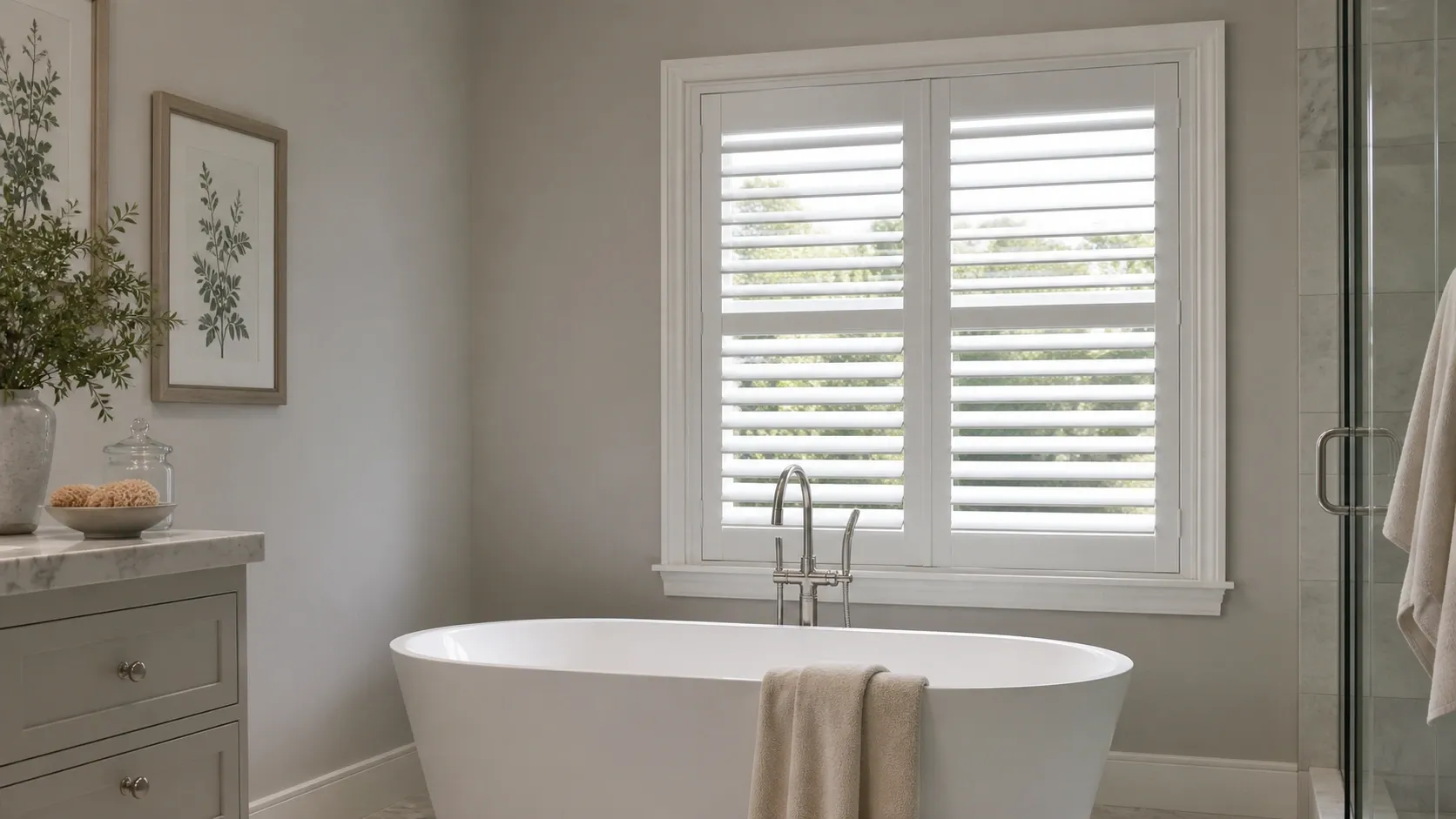 White PVC shutters installed in a bathroom window