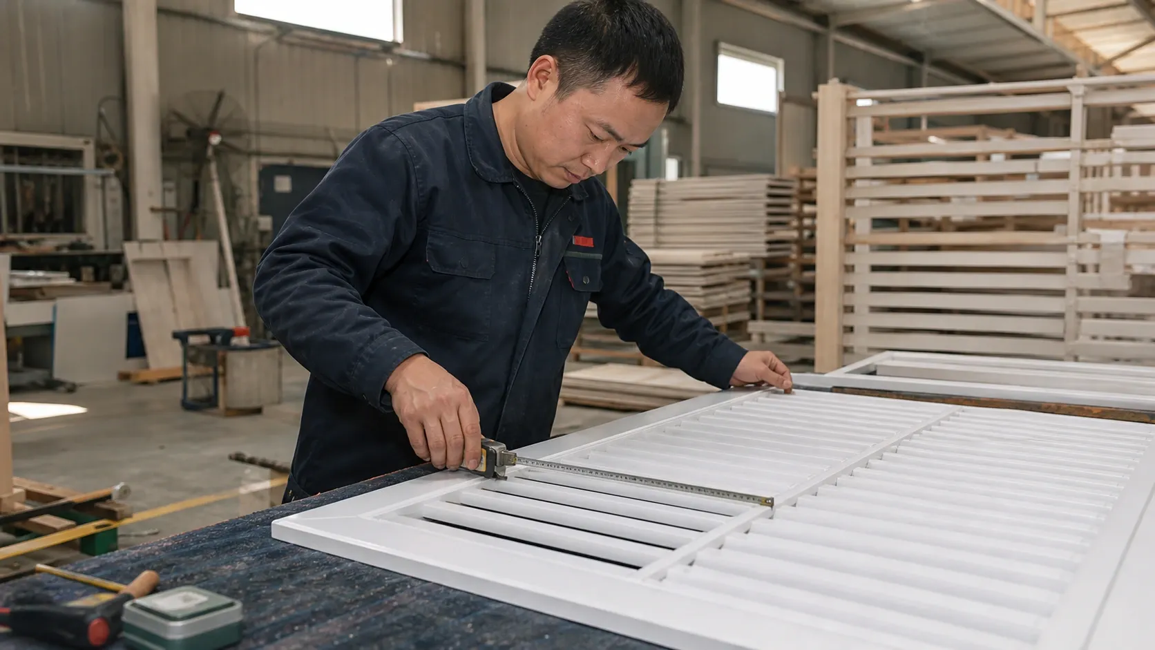 Factory worker checking shutter dimensions with a measuring tool