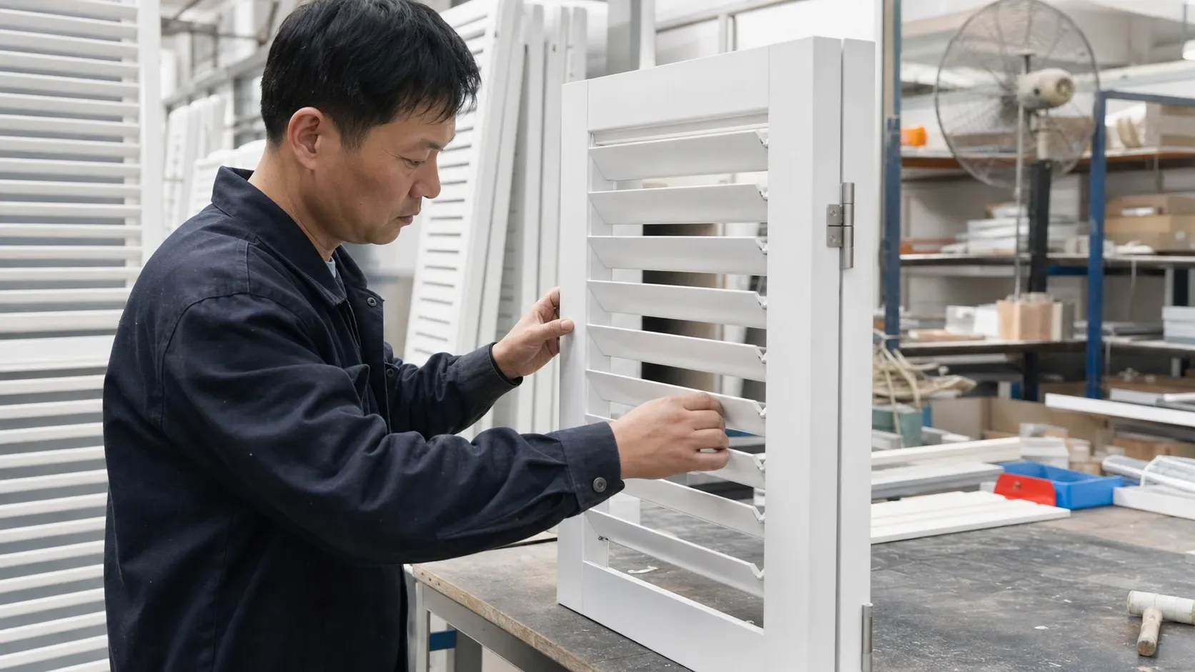 Workers assembling shutter panels and checking louver alignment