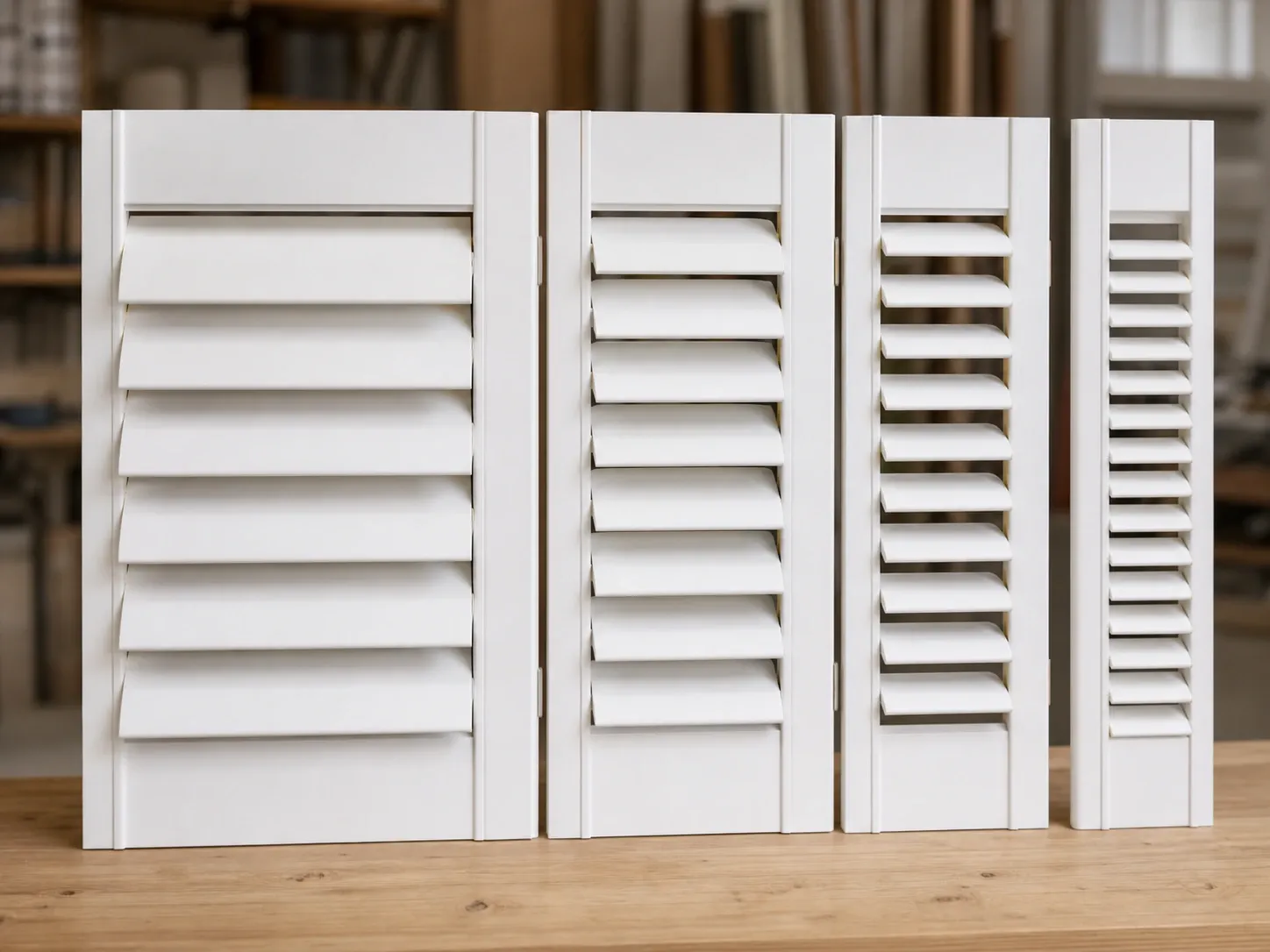 Close-up of different shutter louver options and sample panels