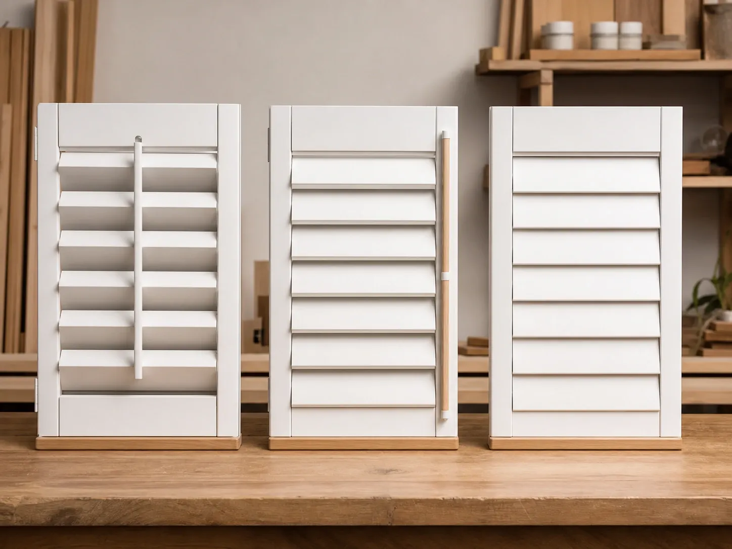 Close-up detail of plantation shutter louvers and tilt control