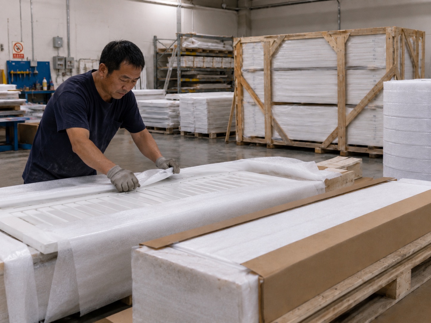 Finished shutter panel protected with export packaging